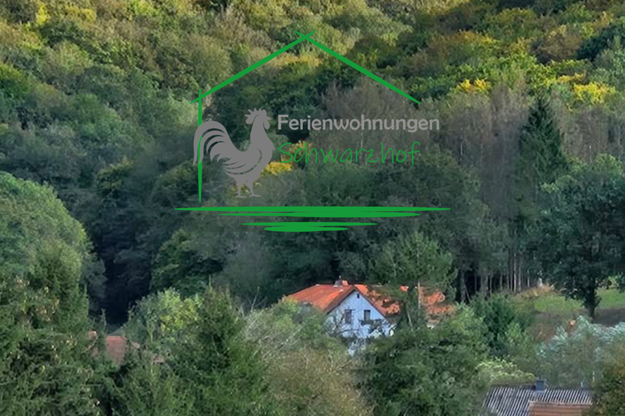 Logo und Blick auf Ferienwohnungen Schwarzhof Bostalsee