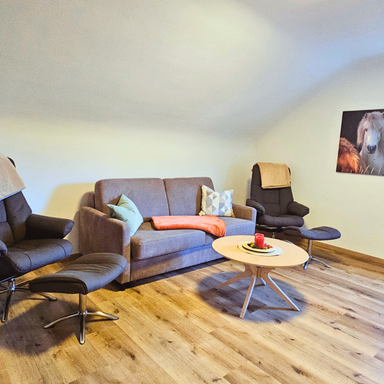 Ferienwohnungen Schwarzhof Bostalsee – Blick auf die gemütliche Schlafcouch und zwei bequeme Fernsehsessel in der Fewo Hahnekräh