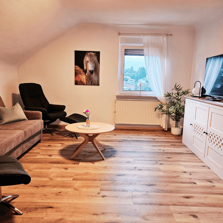 Wohnzimmer der Ferienwohnung Hahnekräh am Bostalsee mit Dauerschlafcouch Smart-TV, zwei Fernsehsesseln, tollem Ausblick