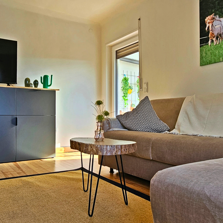 Wohnzimmer der Ferienwohnung Hanfdell mit Schlafsofa, Smart TV und Balkontür – hell und einladend