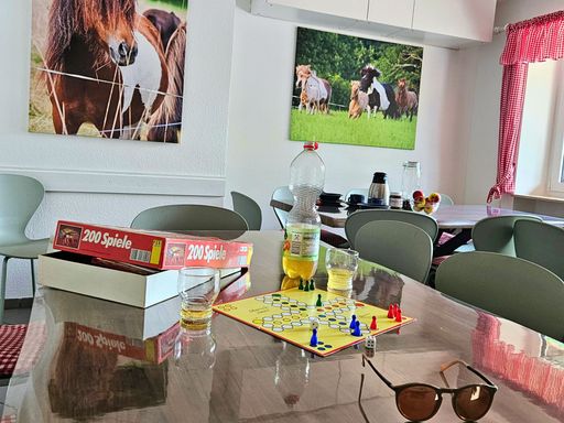 Gesellschaftsspiel auf einem Tisch im Aufenthaltsraum des Ferienhauses am Gestüt Nahetal