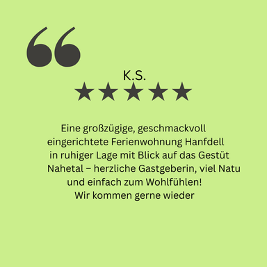 Ferienwohnungen Schwarzhof Bostalsee – zufriedene Gäste genießen großzügige Ferienwohnung, ruhige Lage und Blick aufs Gestüt Nahetal